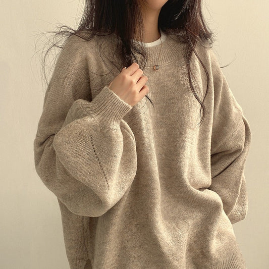 Crewneck Pullover Lantern Sleeve Loose Sweater Vrouwen